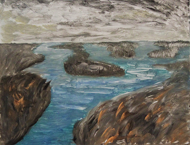 Colored oil print of landscape of river that y's off into a marshy distance